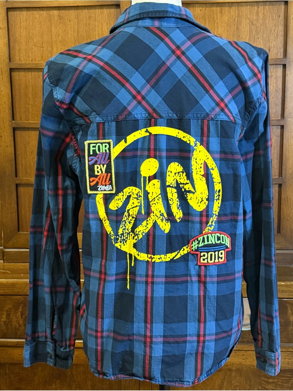 Zumba Fitness Zincon 2019 Exclusive Blue and Red Plaid Button Down Shirt Small